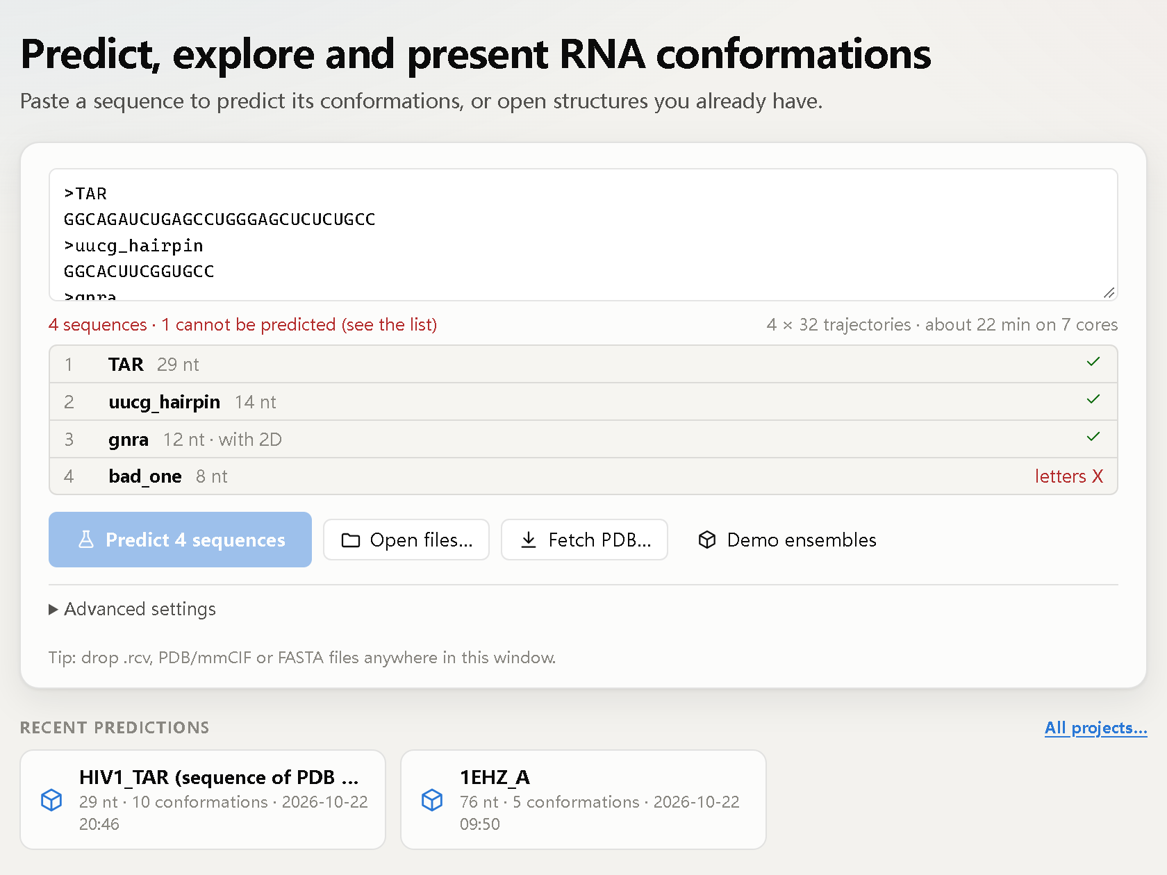 RCV start page with a FASTA batch